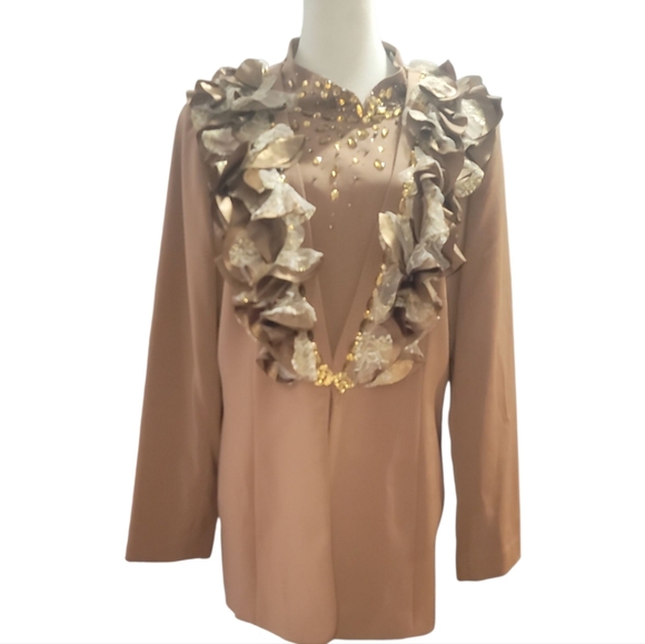 champagne italy Elegant mocha Brown ruffled suit Blazer & top 14 - Picture 1 of 10